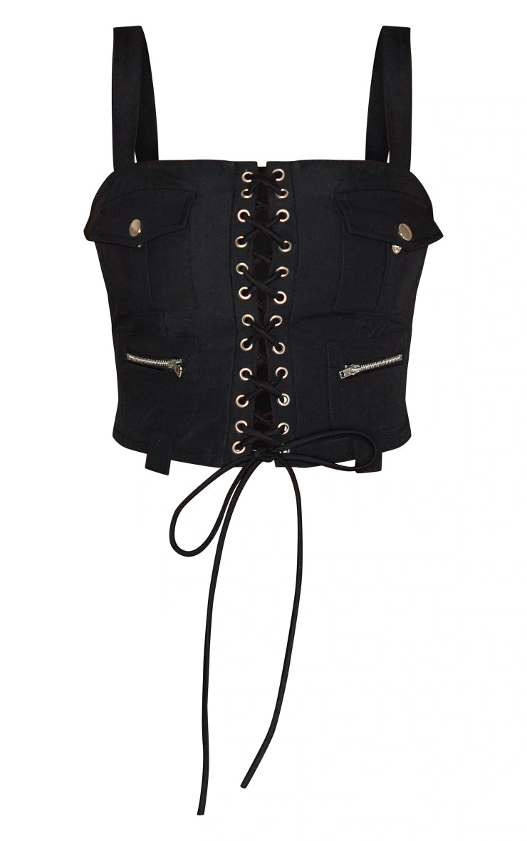 Black Twill Lace Up Front Square Neck Corset