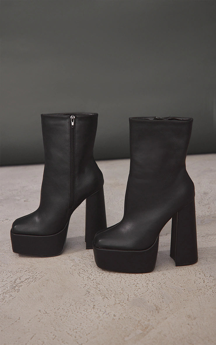 Black Matte Pu Square Toe Platform High Block Heeled Ankle Boots