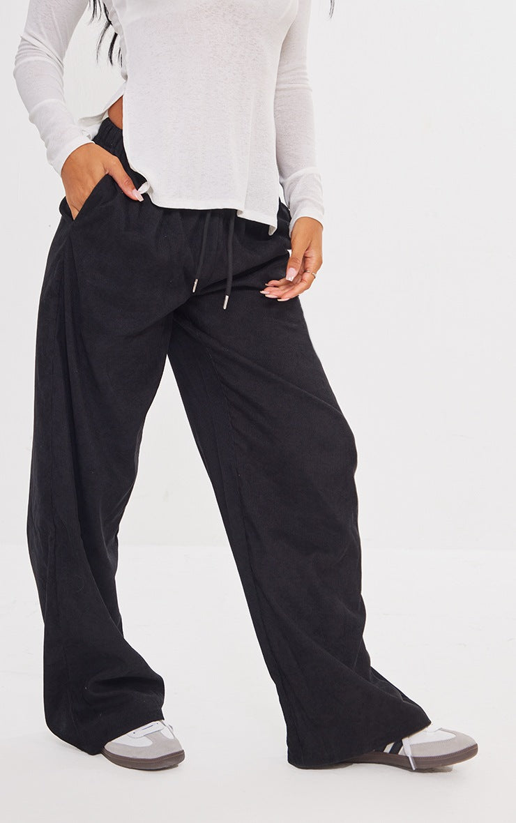 Black Cord Tie Waist Low Rise Pants