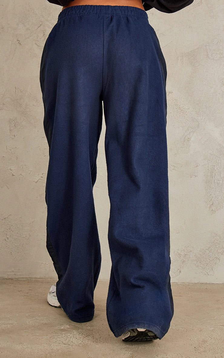 Navy Fleece Contrast Mid Rise Wide Leg Sweatpants