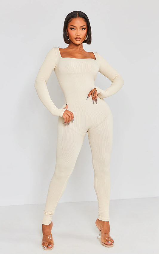 Shape Oatmeal Snatched Rib Square Neck Thumb Hole Jumpsuit