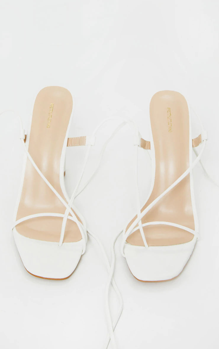 WHITE CYLINDER STRAPPY TOE THONG HEELED SANDALS