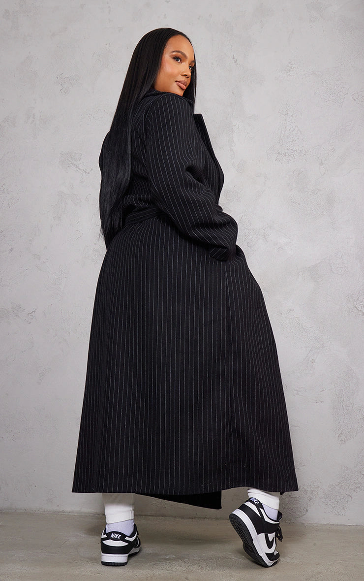 PLUS BLACK PINSTRIPE BELTED COAT