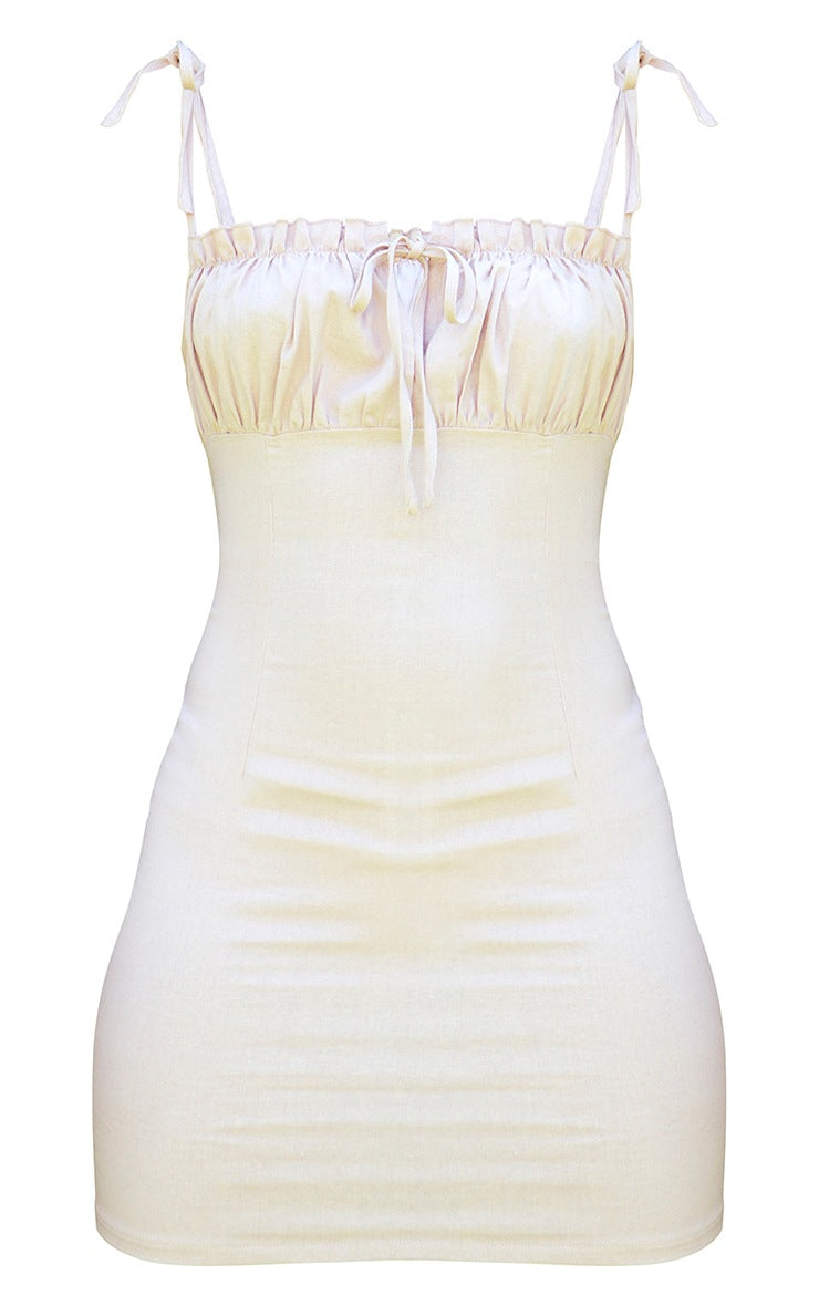 Beige Ruched Bust Tie Strap Detail Bodycon Dress