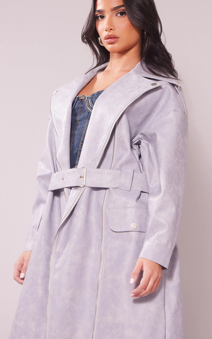 Petite Washed Grey Pu Biker Trench