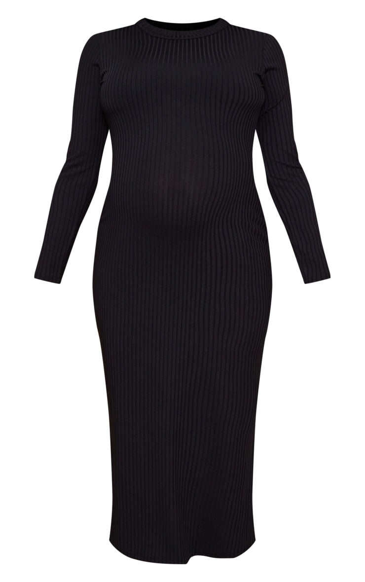 Maternity Black Ribbed Long Sleeve Midi Dress