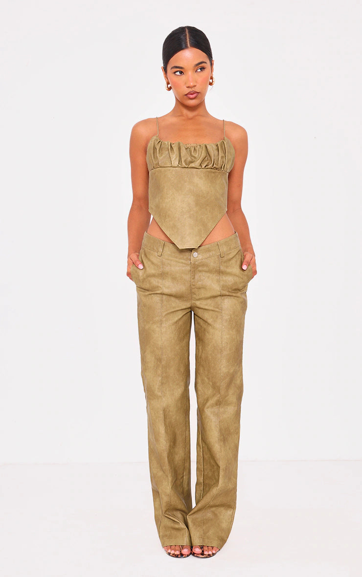 Premium Olive Washed Faux Leather Dip Waist Flared Pants