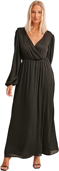 Balloon Sleeve Structured Maxi Dress Black