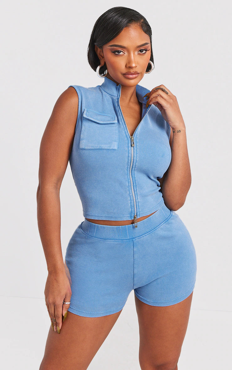 Shape Blue Rib Zip Through Pocket Sleeveless Top