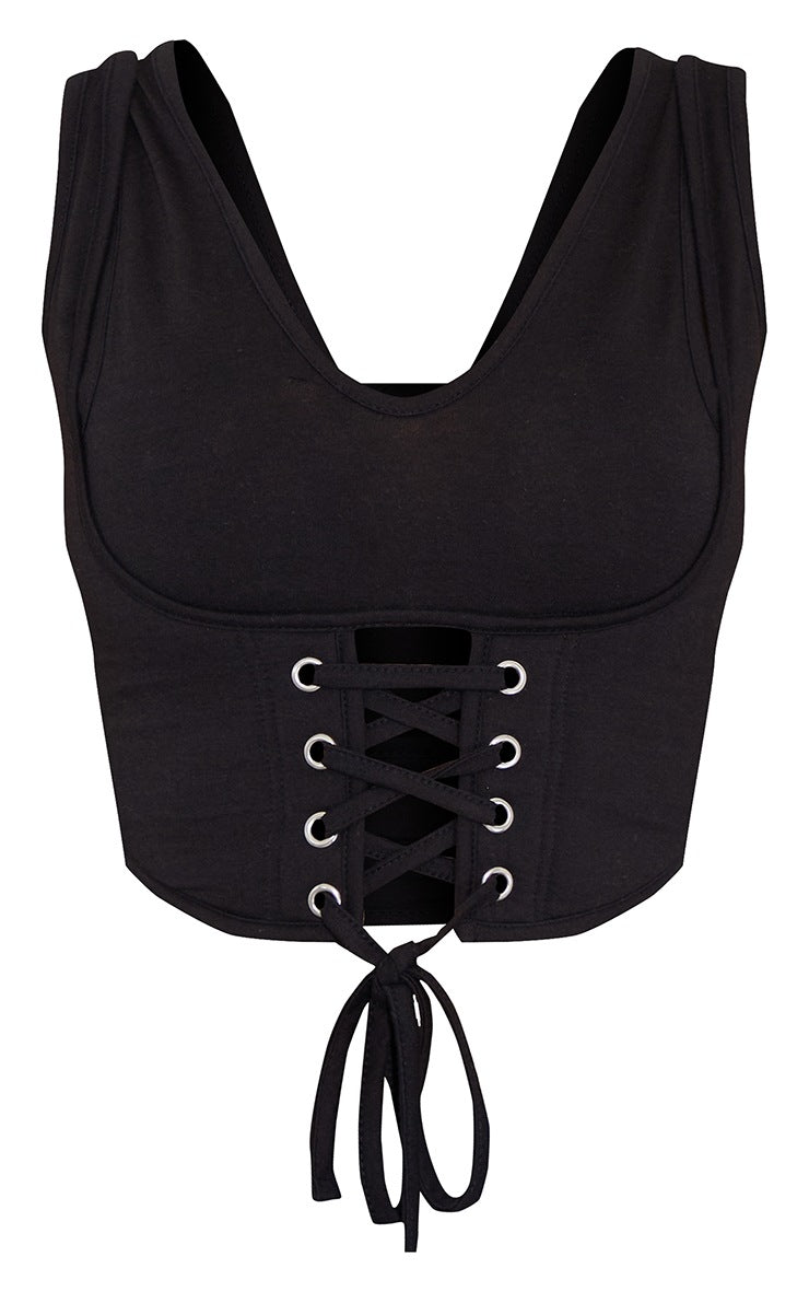 Black Cotton V Neck Double Strap Lace Up Corset Crop Top