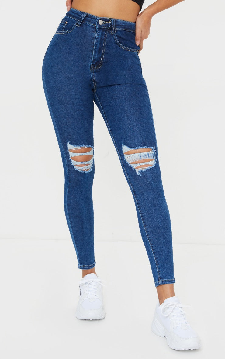 MID BLUE WASH KNEE RIP 5 POCKET SKINNY JEANS