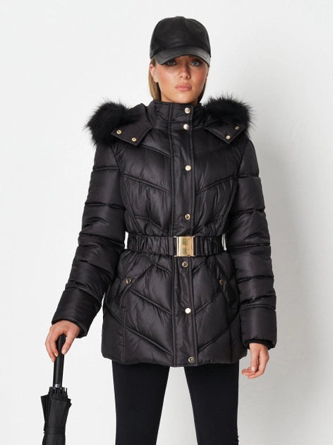 Gold Trim Belted Hood Puffer Jacket