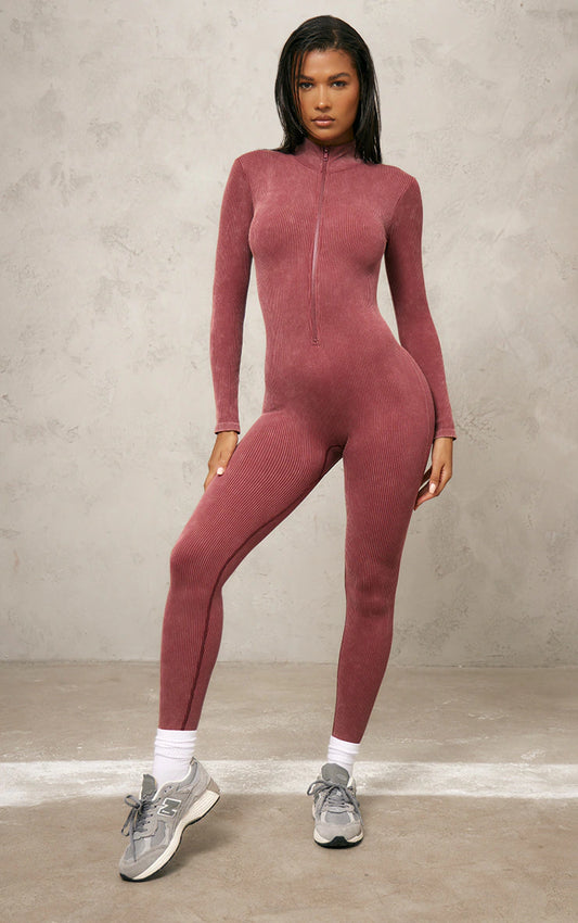 BURGUNDY WASHED STRUCTURED SNATCHED RIB ZIP JUMPSUIT