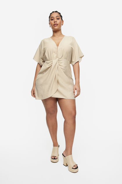 Linen Mix V Neck Dress Beige