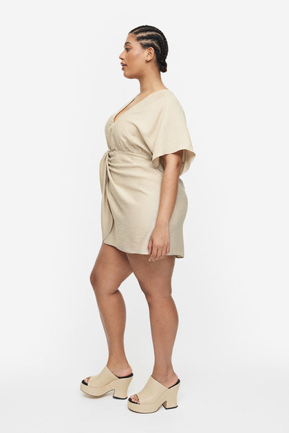 Linen Mix V Neck Dress Beige