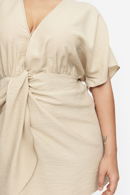 Linen Mix V Neck Dress Beige