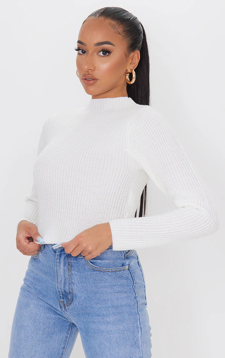 Petite White High Neck Curve Hem Long Sleeve Sweater