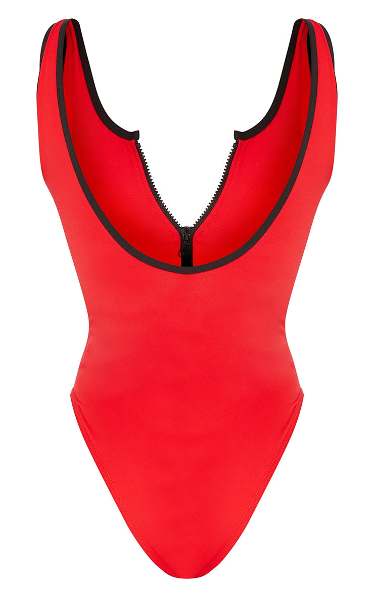 Red Contrast Zip Front Scuba Swimsuit