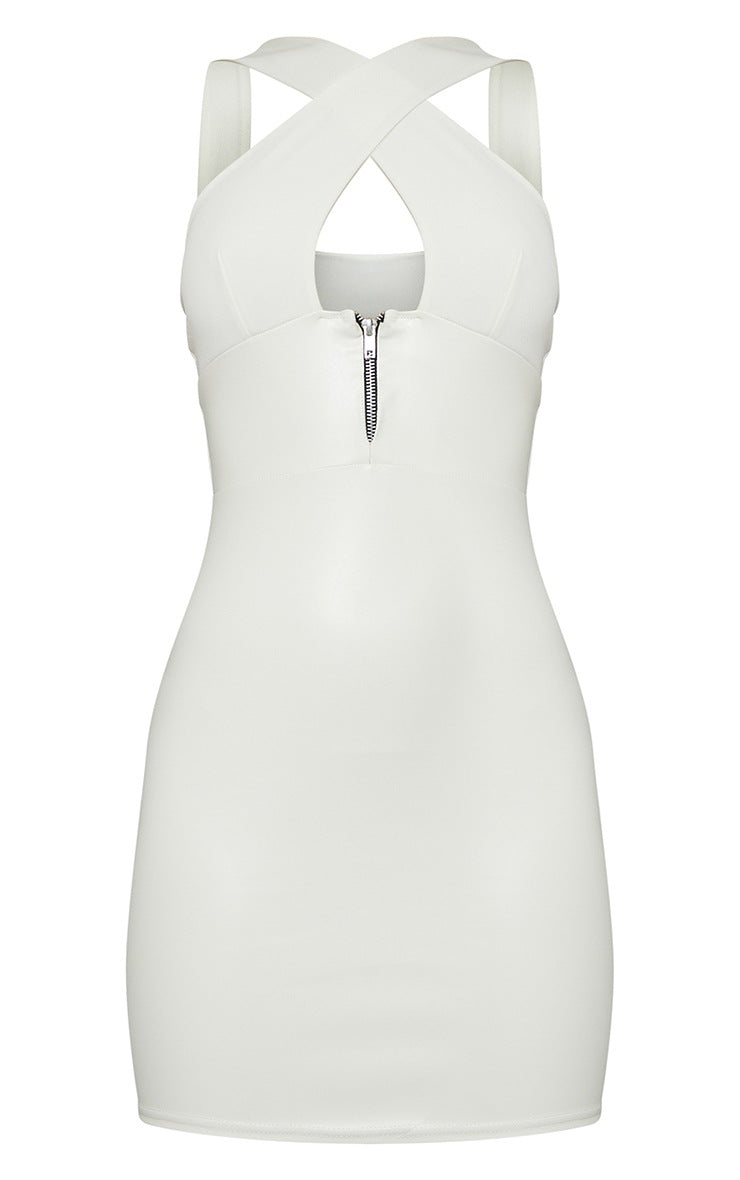 Cream PU Zip Detail Cross Front Bodycon Dress