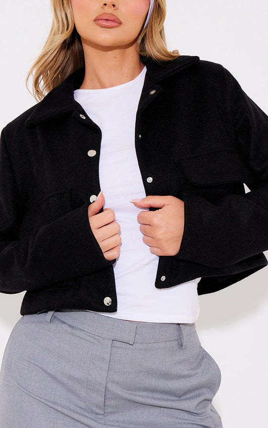 Black Wool Look Structured Shoulder Boxy Crop Jacket