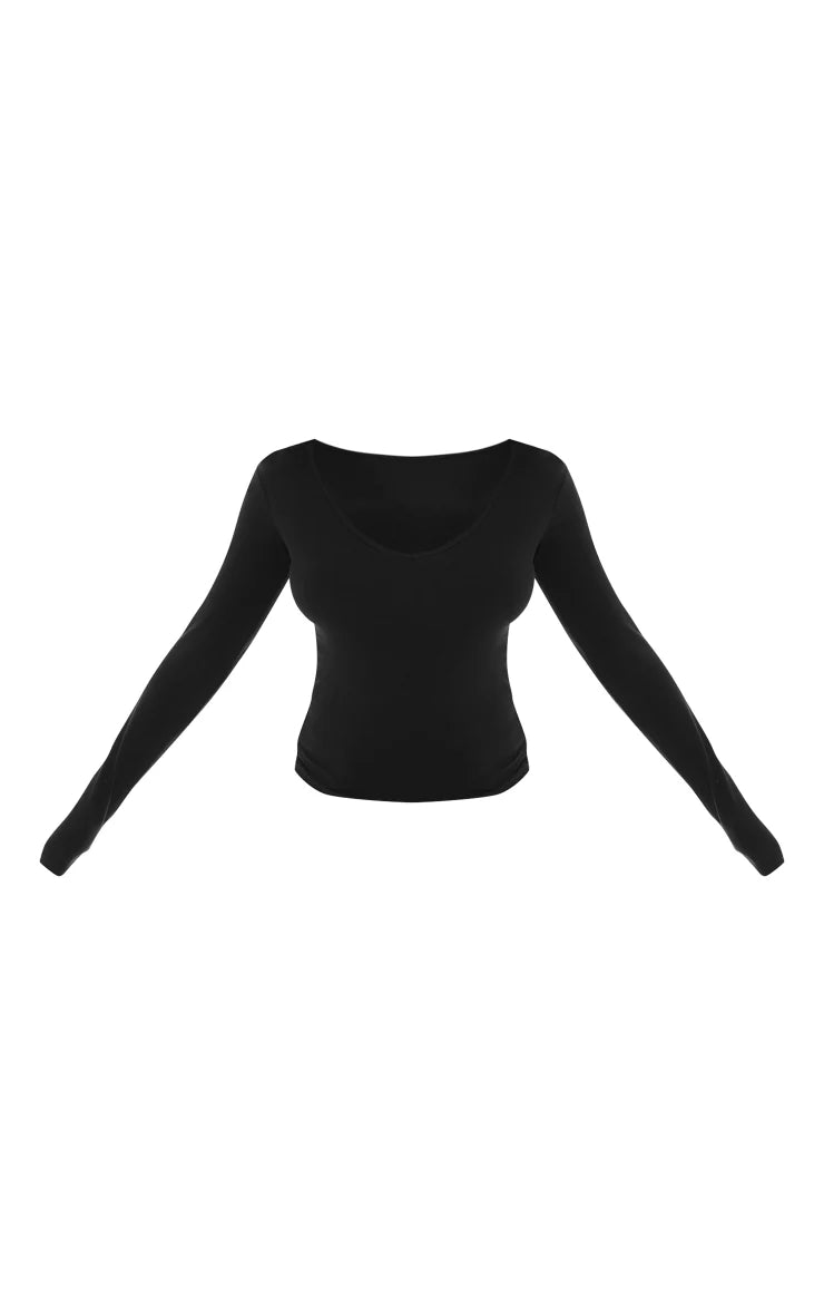 Basic Black Cotton Blend Longline Long Sleeve Top