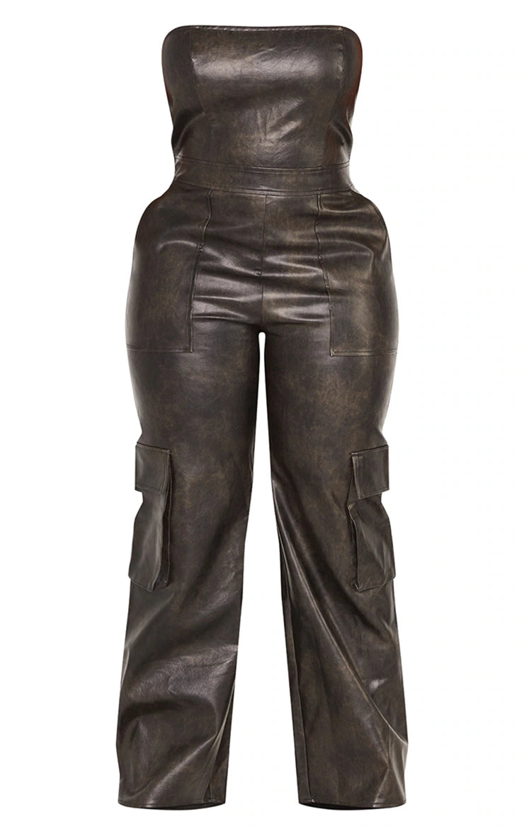 PLUS WASHED BLACK FAUX LEATHER CARGO JUMPSUIT