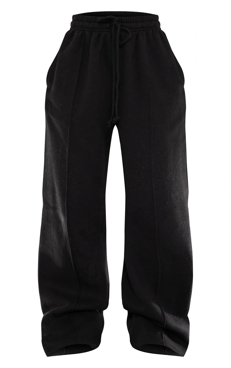 Black Pintuck Drawstring Straight Leg Joggers