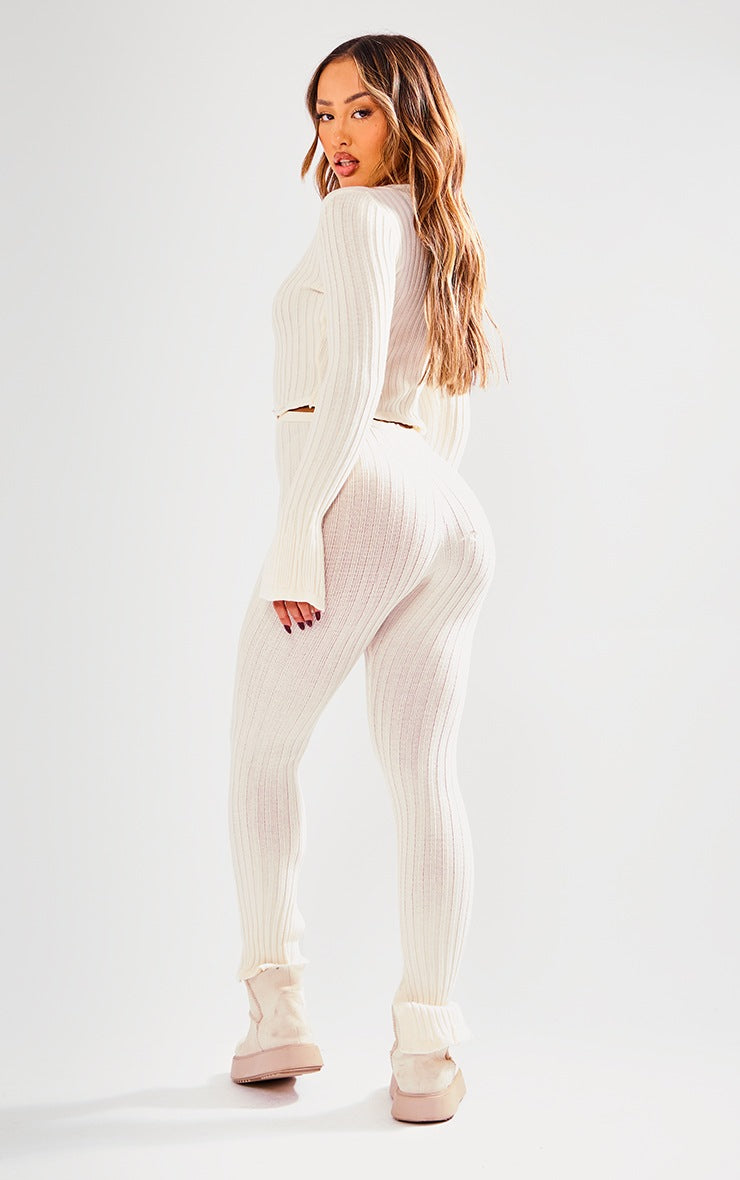 Petite Cream Knitted Button Detail Flared Jumpsuit