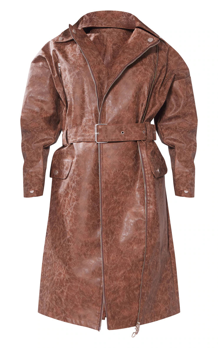 Petite Washed Brown PU Biker Trench Coat