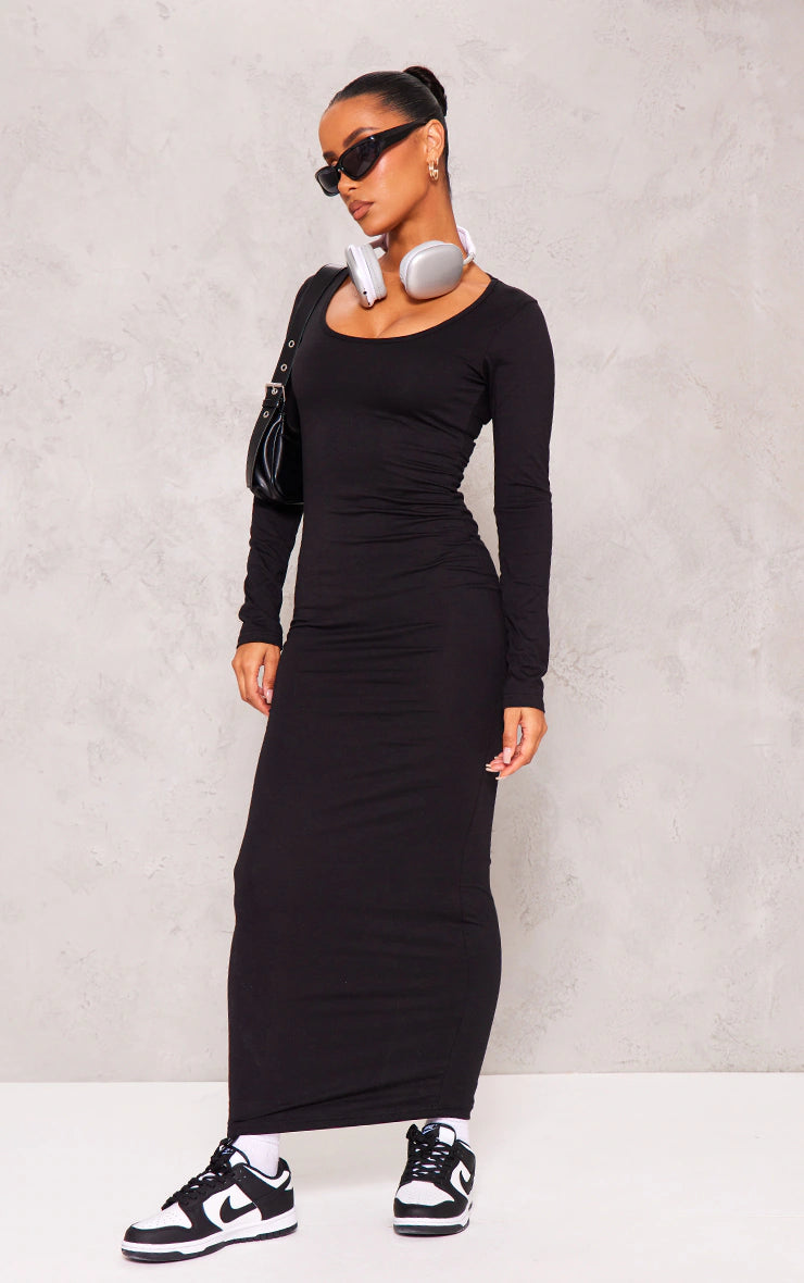 BLACK COTTON SCOOP NECK LONG SLEEVE MIDAXI DRESS