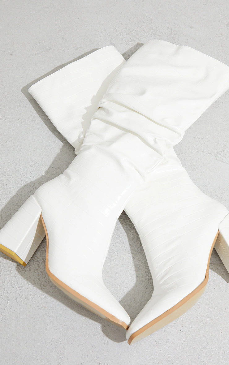 White High Block Heel Knee High Boots