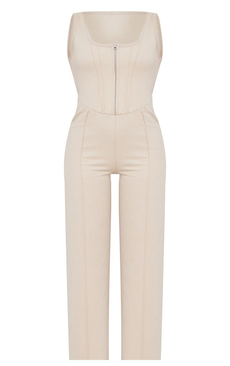 OATMEAL SEAM DETAIL SLEEVELESS SWEAT JUMPSUIT