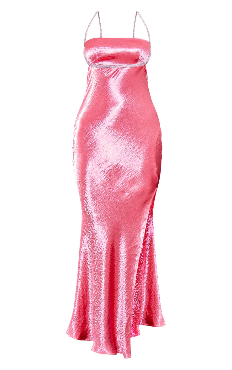 Pink Diamante Strap Halterneck Satin Maxi Dress