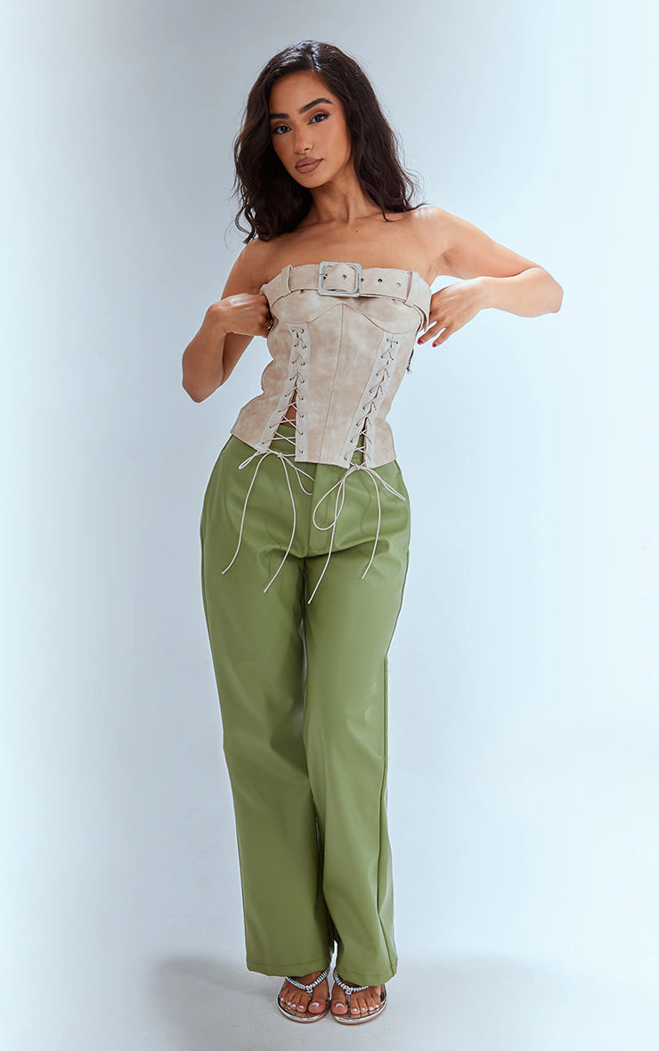 Petite Sage Faux Leather Straight Leg Trousers