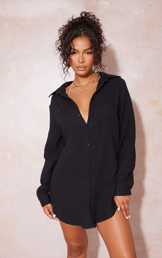 BLACK SOFT CRINKLE OVERSIZED BEACH SHIRT DRESS