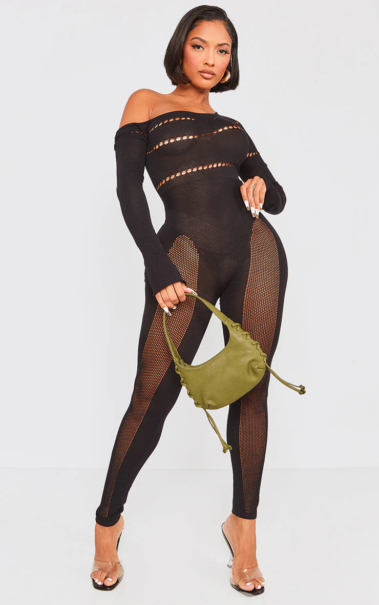 Shape Black Bardot Knitted Hole Detailed Jumpsuit