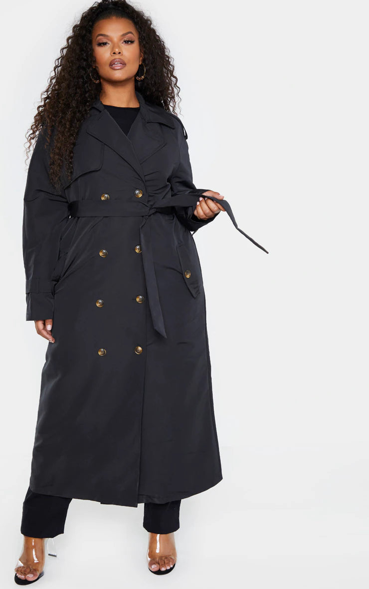 Plus Black Oversized Button Down Trench Coat