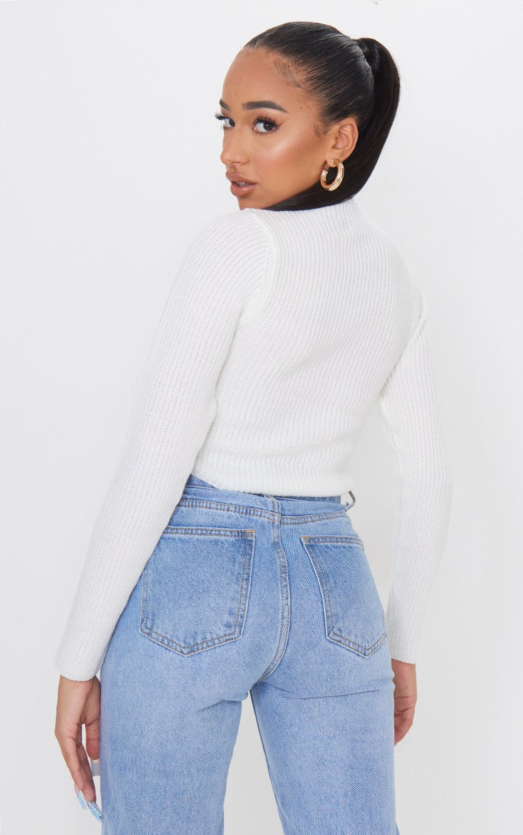 Petite White High Neck Curve Hem Long Sleeve Sweater