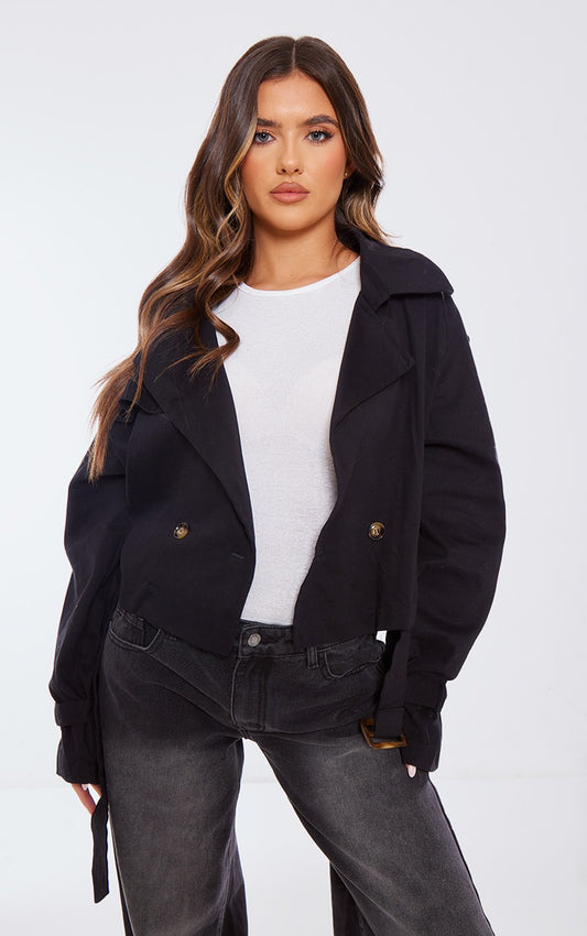 Black Belted Hem Cropped Trench Coat