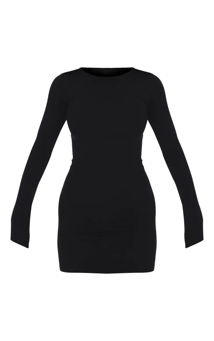 Black Basic Cotton Long Sleeve Bodycon Dress