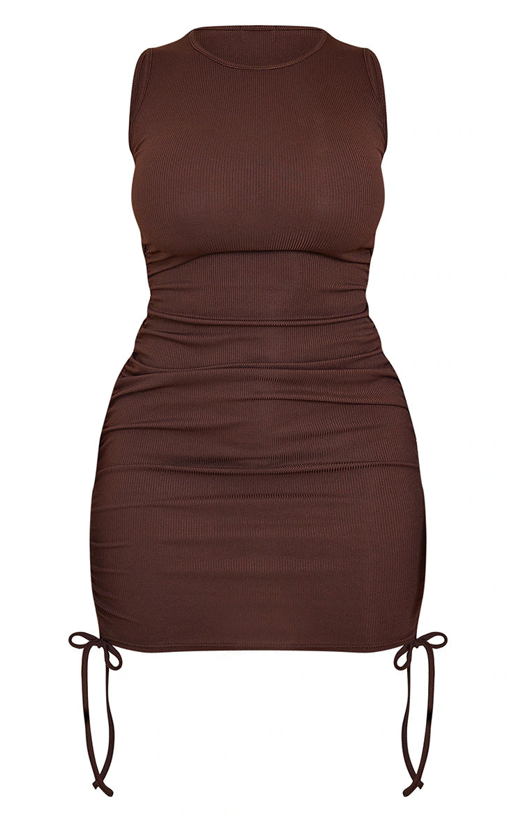 Shape Chocolate Brown Rib Ruched Side Sleeveless Bodycon Dress