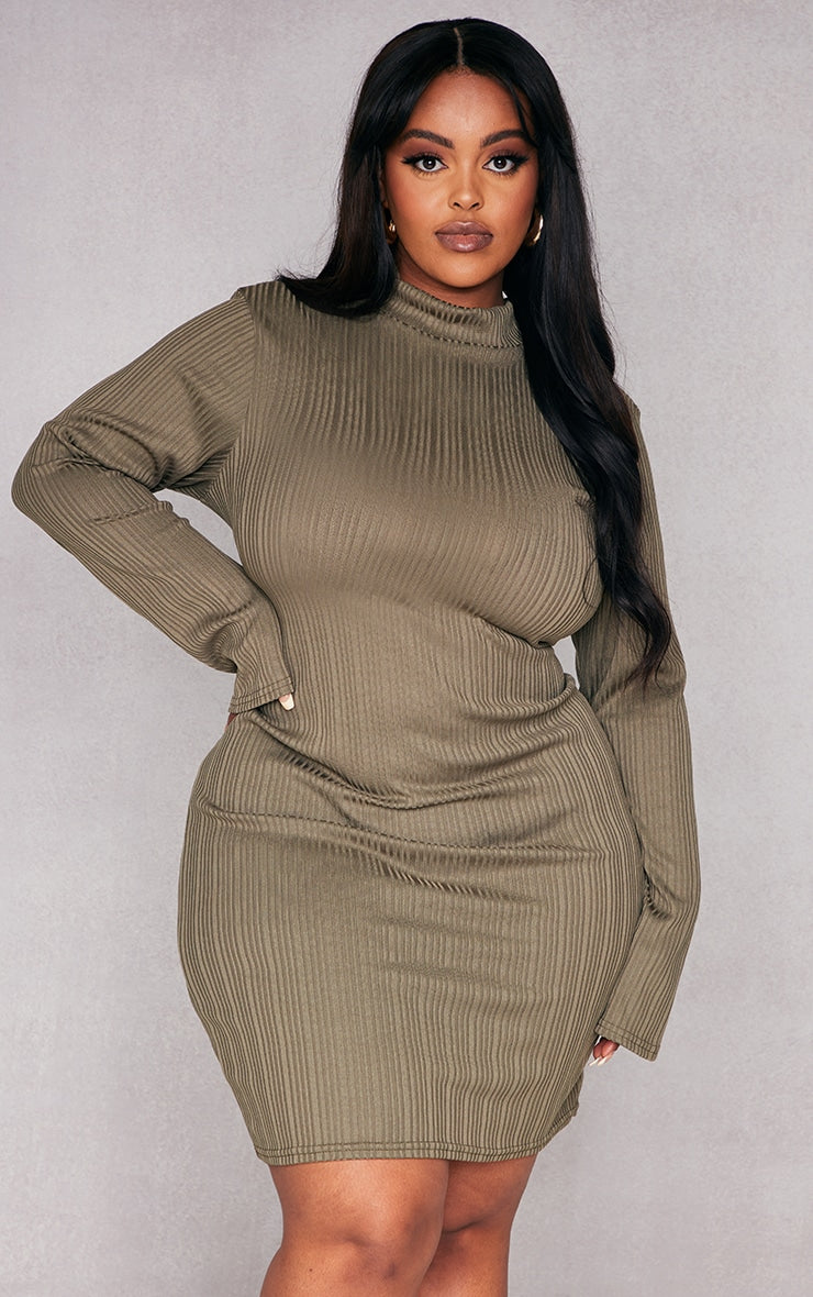 Plus Khaki Rib High Neck Bodycon Dress