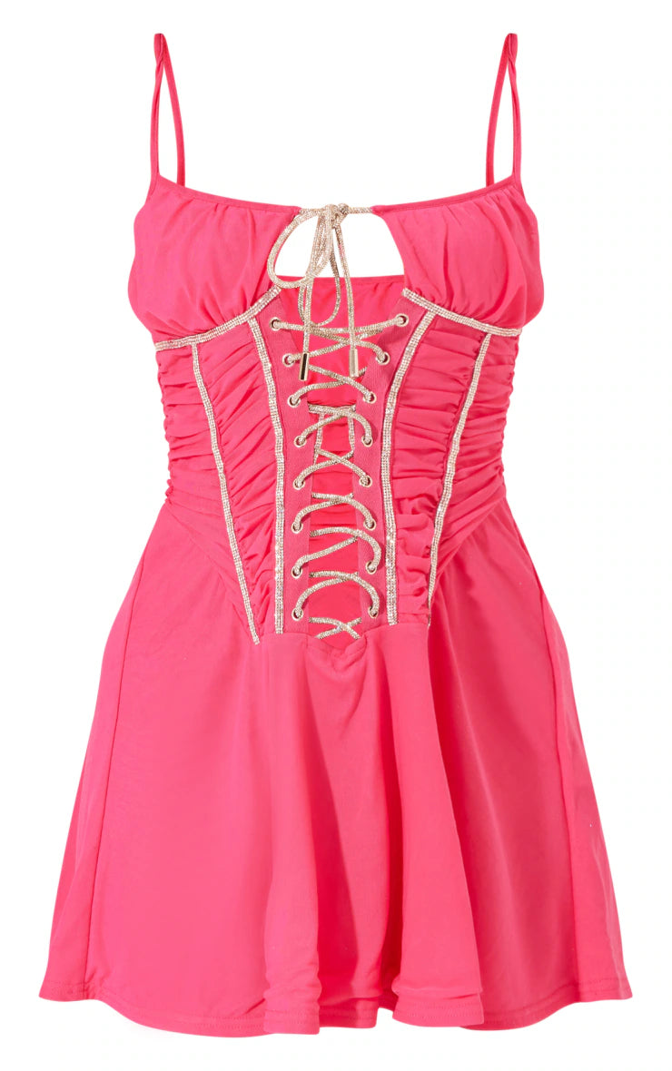 Hot Pink Diamante Rope Lace Up Mesh Ruched Bodycon Dress