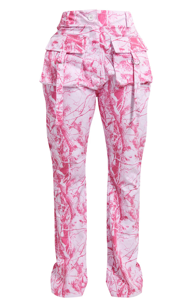 SHAPE BRIGHT PINK CAMO PRINTED BUCKLE DETAIL POCKET CARGO PANTS