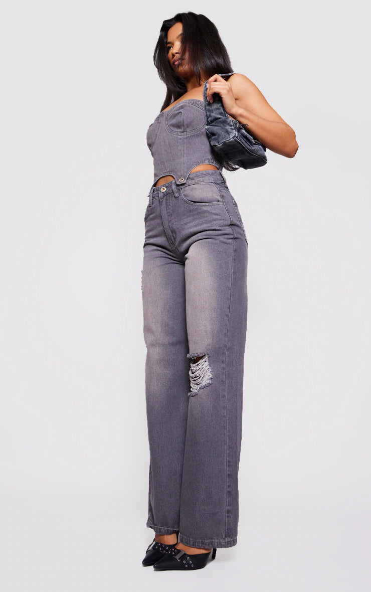 WASHED GREY DETACHABLE BANDEAU DENIM JUMPSUIT