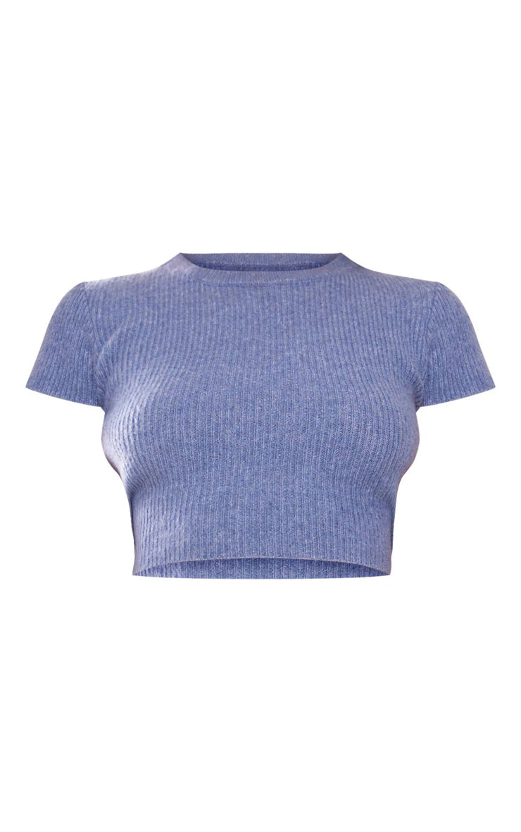 Petite Blue Luxe Knit Tie Back Crop Top