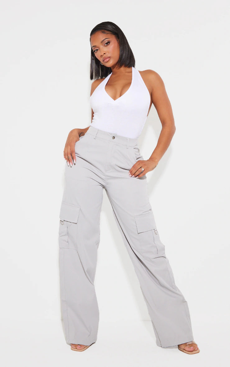 SHAPE LIGHT GREY BUCKLE DETAIL CARGO WIDE LEG PANTS