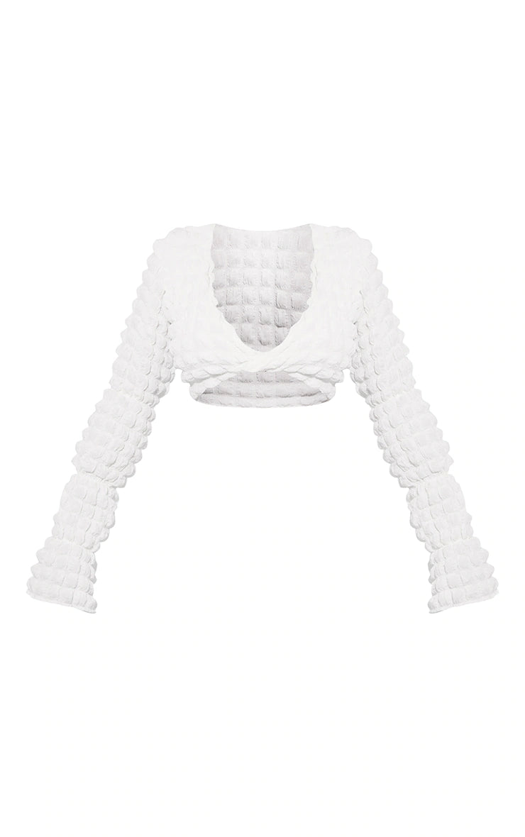 IVORY BUBBLE TEXTURED LONG SLEEVE BEACH TOP