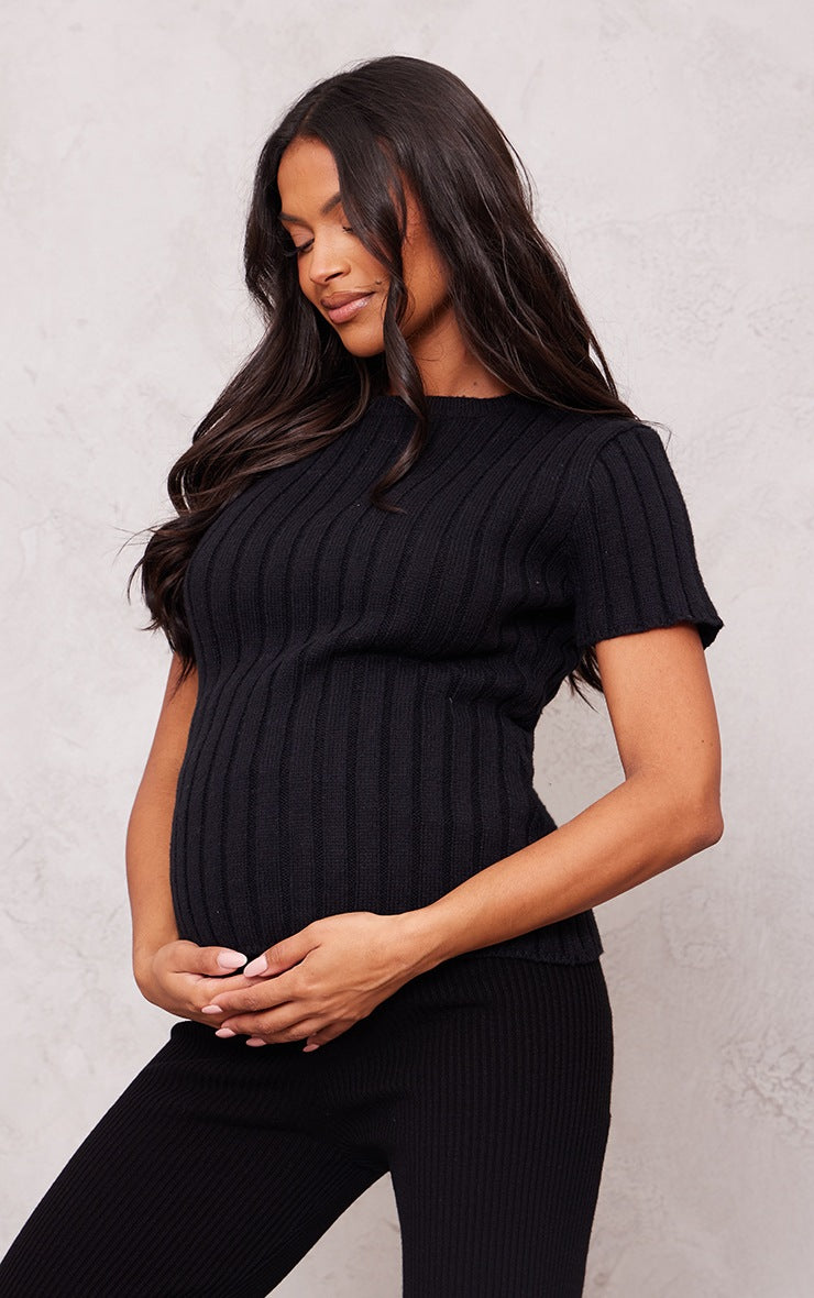 MATERNITY BLACK CABLE KNIT SHORT SLEEVE TOP