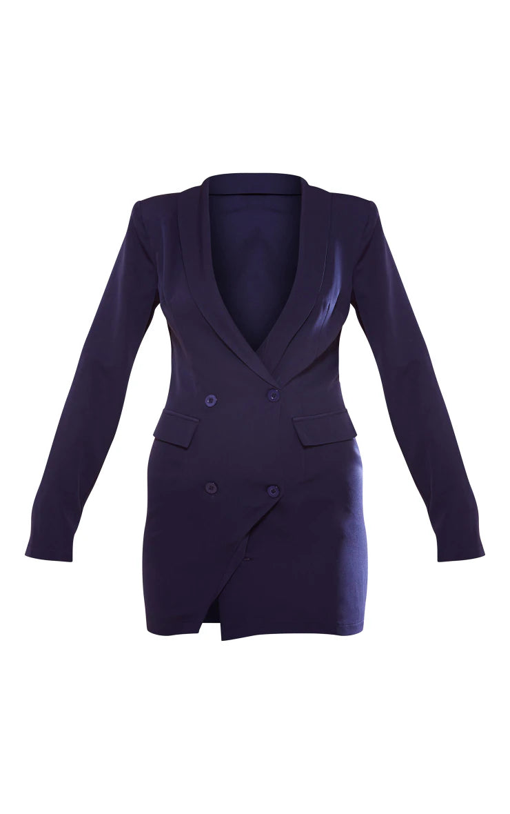 NAVY DOUBLE BREASTED ASYMMETRIC HEM BLAZER DRESS